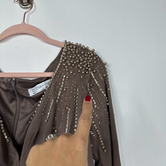 FLAW - Mac Duggal Faux Wrap Jersey Gown w/ Embellished Accents Mocha 14 #8466 - Picture 8 of 12